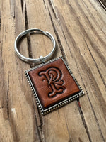 Hand Stamped Leather Initial Keychains – Floral Script Font