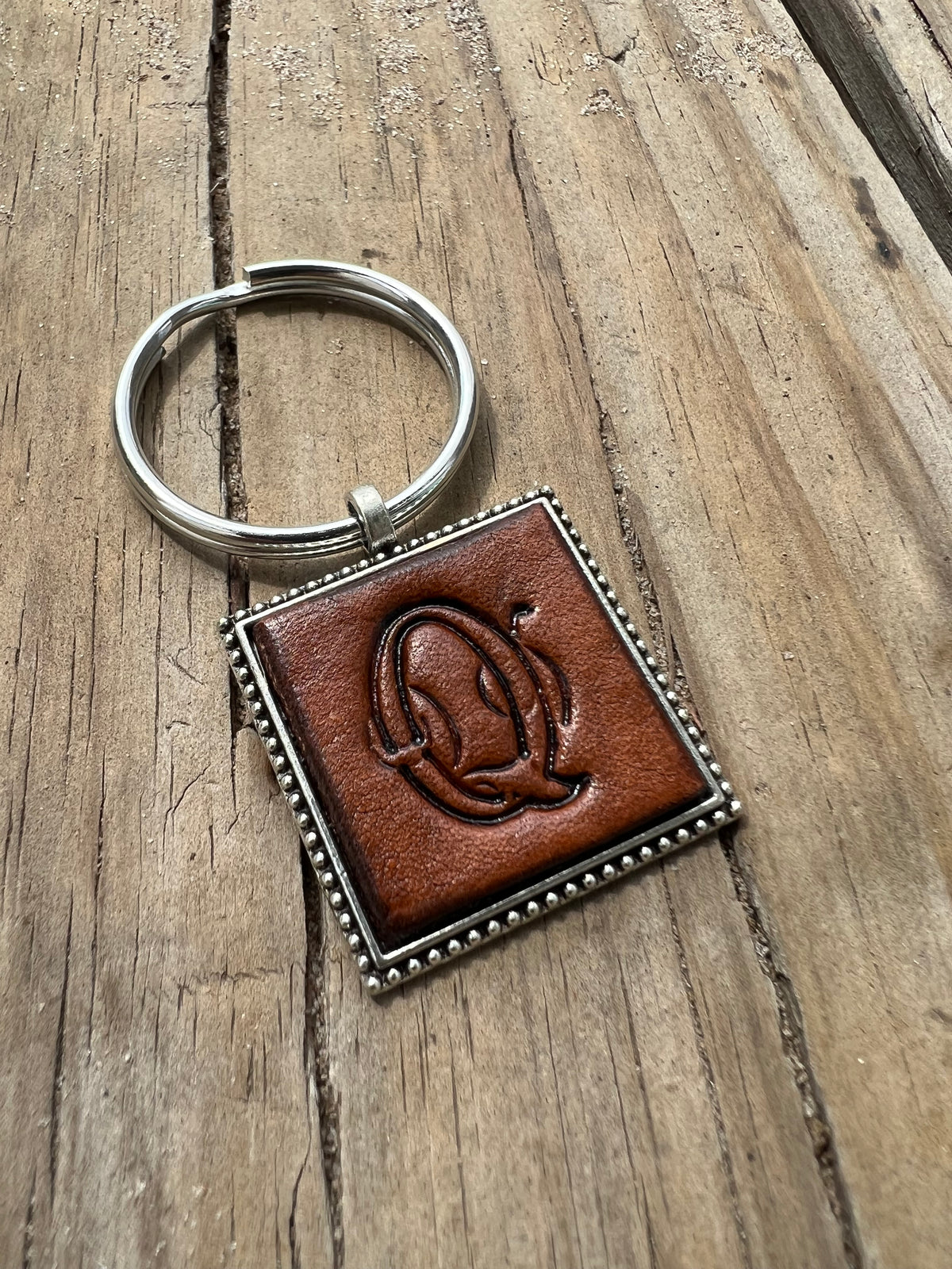 Hand Stamped Leather Initial Keychains – Floral Script Font