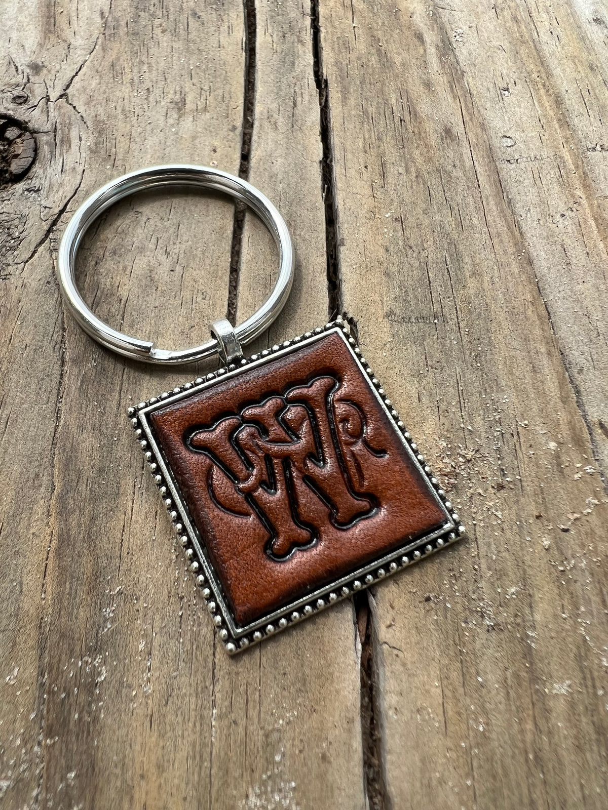 Hand Stamped Leather Initial Keychains – Floral Script Font