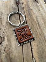Hand Stamped Leather Initial Keychains – Floral Script Font