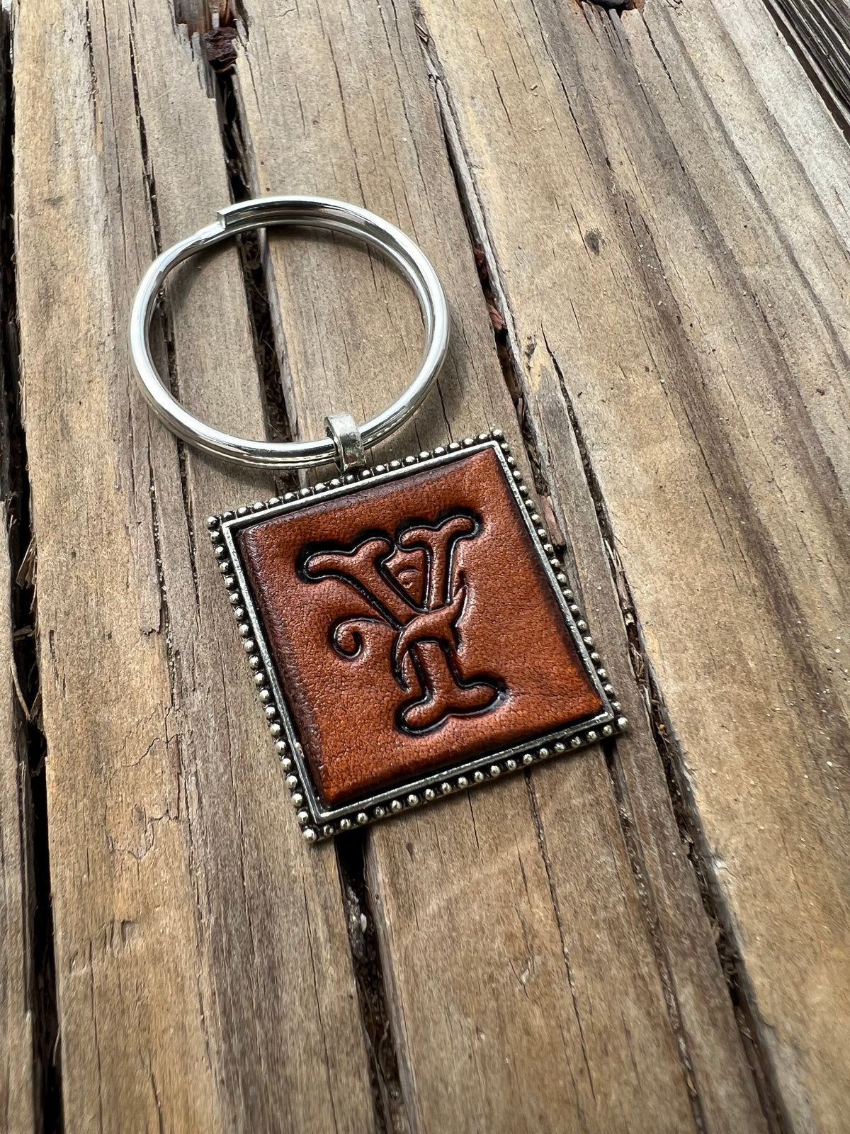 Hand Stamped Leather Initial Keychains – Floral Script Font