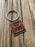 Hand Stamped Leather Initial Keychains – Floral Script Font