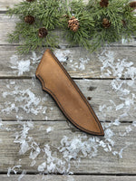 Handmade light brown leather knife sheath for 6–6½" fixed blade knives, hand stitched with brown waxed thread by Cherokee Rose Custom Leather.