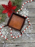 Hand-tooled leather valet tray with basketweave pattern and Texas longhorn stamp, handmade by Cherokee Rose Custom Leather in East Texas.