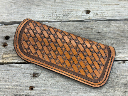 Hand stamped leather eyeglasses case with Texas longhorn basketweave pattern, handmade by Cherokee Rose Custom Leather