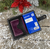 Handmade plum purple oil-tanned leather memo pad holder with cream stitching and antique nickel snap, crafted by Cherokee Rose Custom Leather in East Texas.