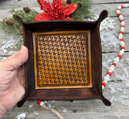 Hand-tooled leather valet tray with woven basketweave pattern, handmade by Cherokee Rose Custom Leather in East Texas.
