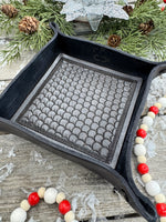 Hand-tooled black leather valet tray with dragon scale stamping, handmade by Cherokee Rose Custom Leather in East Texas.