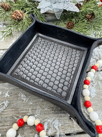 Hand-tooled black leather valet tray with dragon scale stamping, handmade by Cherokee Rose Custom Leather in East Texas.