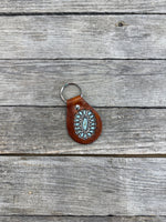 Oval Sleeping Beauty Stamped Turquoise Leather Key Fob