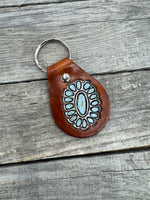 Oval Sleeping Beauty Stamped Turquoise Leather Key Fob