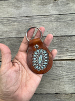 Oval Sleeping Beauty Stamped Turquoise Leather Key Fob