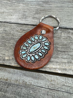 Oval Sleeping Beauty Stamped Turquoise Leather Key Fob