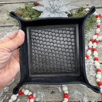 Hand-tooled black leather valet tray with dragon scale stamping, handmade by Cherokee Rose Custom Leather in East Texas.