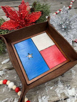 Hand-painted leather valet tray featuring Texas flag with stamped star detail, handmade by Cherokee Rose Custom Leather in East Texas.