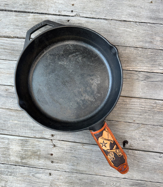 Hand Tooled Leather Cast Iron Skillet Handle Cover – Texas Flag