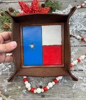 Hand-painted leather valet tray featuring Texas flag with stamped star detail, handmade by Cherokee Rose Custom Leather in East Texas.