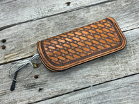 Hand stamped leather eyeglasses case with Texas longhorn basketweave pattern, handmade by Cherokee Rose Custom Leather