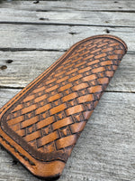 Hand stamped leather eyeglasses case with Texas longhorn basketweave pattern, handmade by Cherokee Rose Custom Leather
