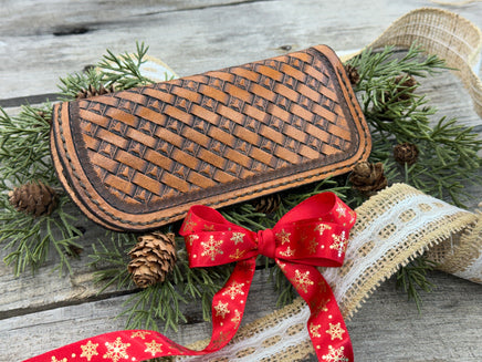 Hand stamped leather eyeglasses case with Texas longhorn basketweave pattern, handmade by Cherokee Rose Custom Leather