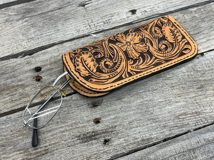 Fully hand carved Western floral leather eyeglasses case with black stitching, handmade by Cherokee Rose Custom Leather