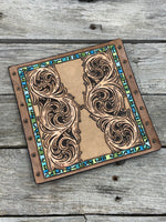 Hand tooled leather bouquet wrap with turquoise border and Western scroll design, ready to ship from Cherokee Rose Custom Leather