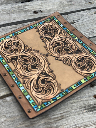 Hand tooled leather bouquet wrap with turquoise border and Western scroll design, ready to ship from Cherokee Rose Custom Leather