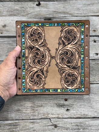 Hand tooled leather bouquet wrap with turquoise border and Western scroll design, ready to ship from Cherokee Rose Custom Leather