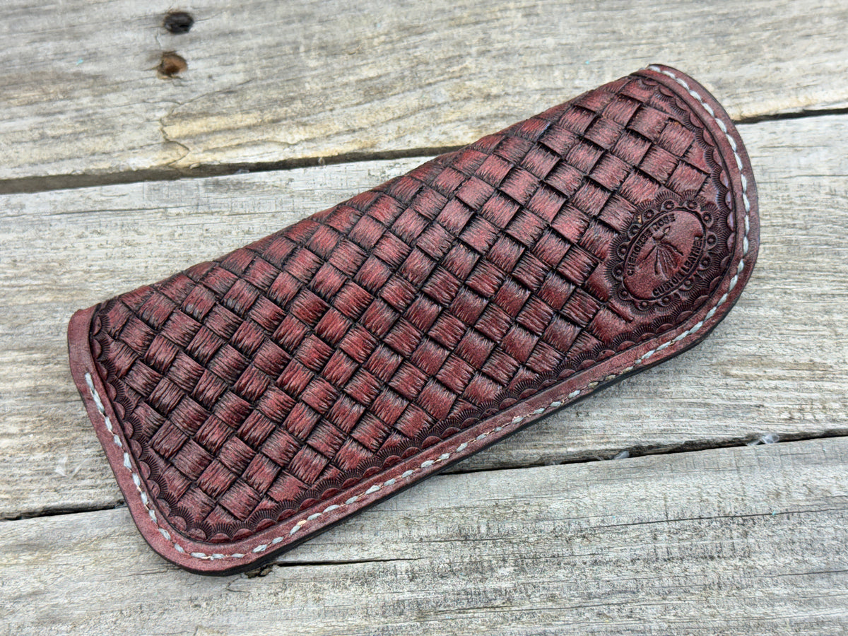 Hand dyed Bordeaux leather eyeglasses case with woven basketweave pattern, handmade by Cherokee Rose Custom Leather