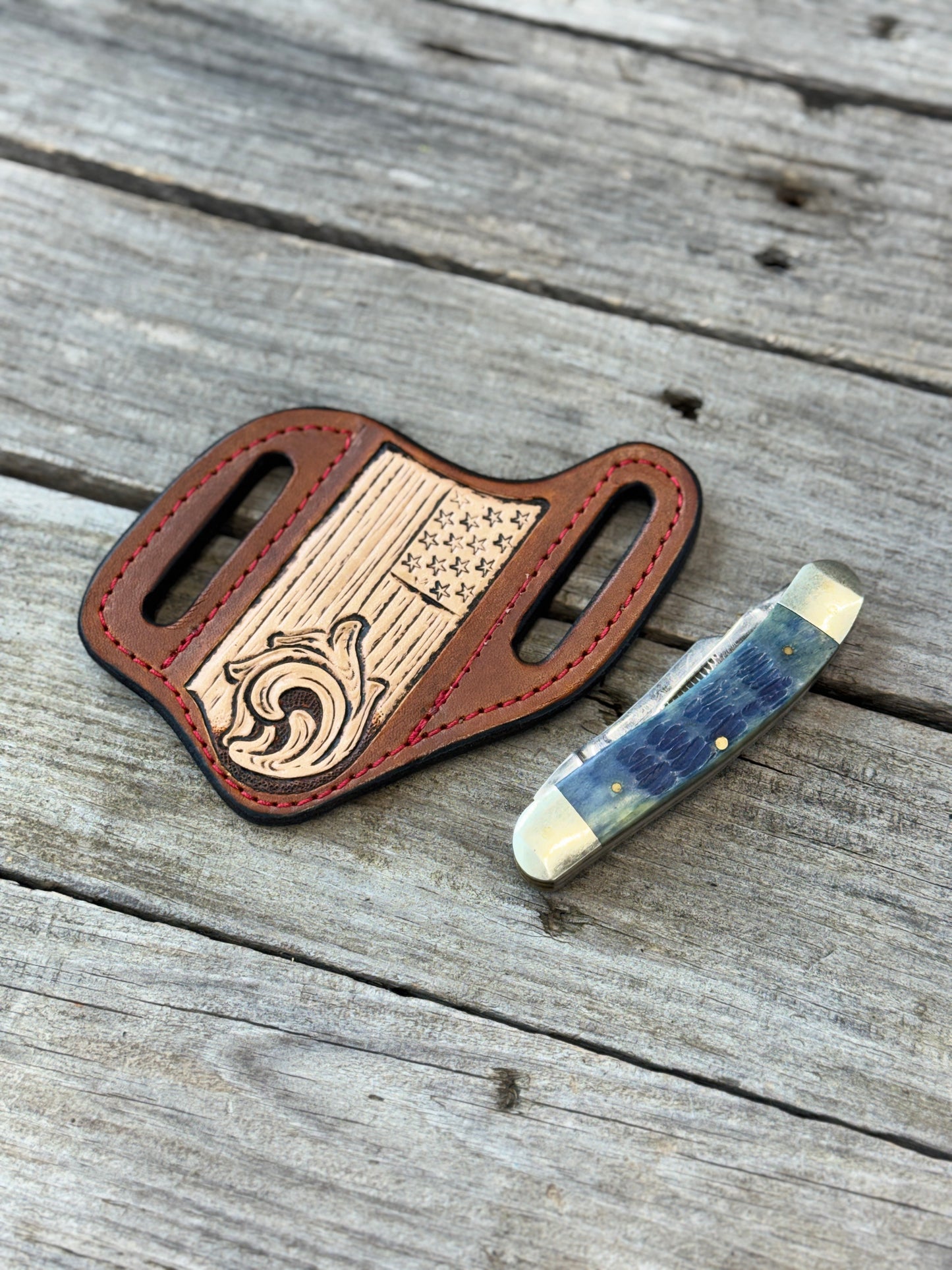 Carved Flag Wide Slanted Pancake Knife Sheath