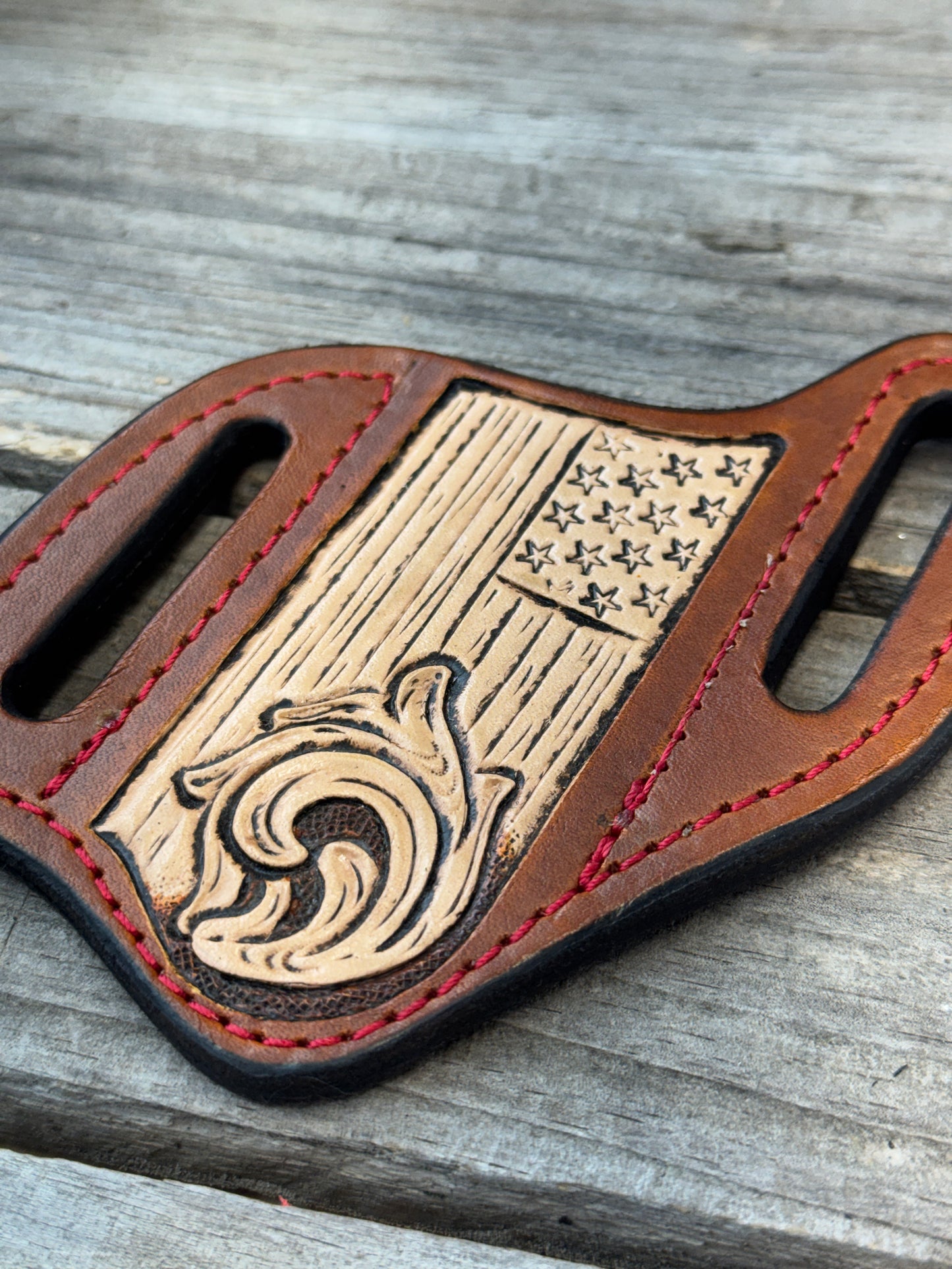 Carved Flag Wide Slanted Pancake Knife Sheath