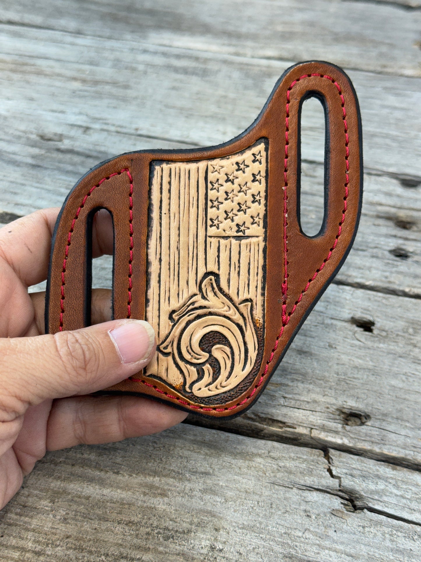 Carved Flag Wide Slanted Pancake Knife Sheath