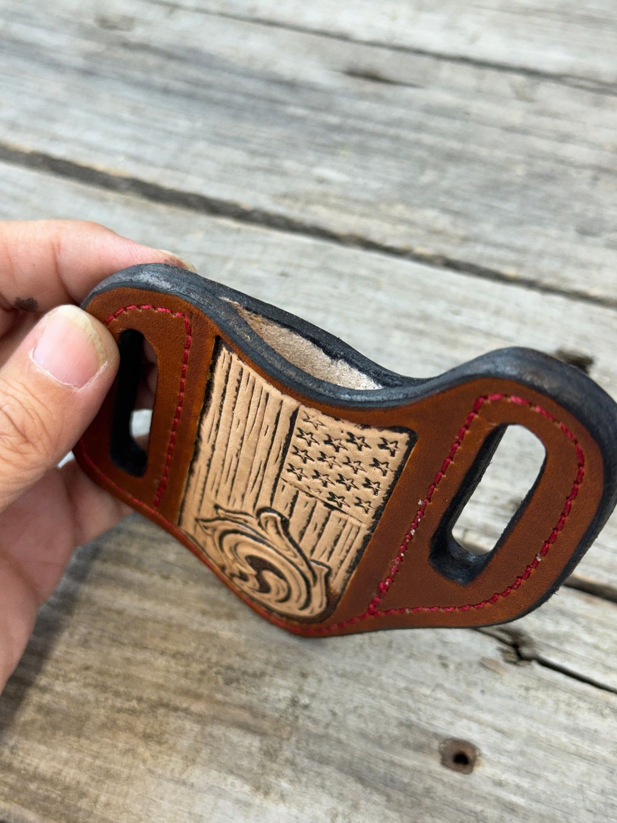 Carved Flag Wide Slanted Pancake Knife Sheath