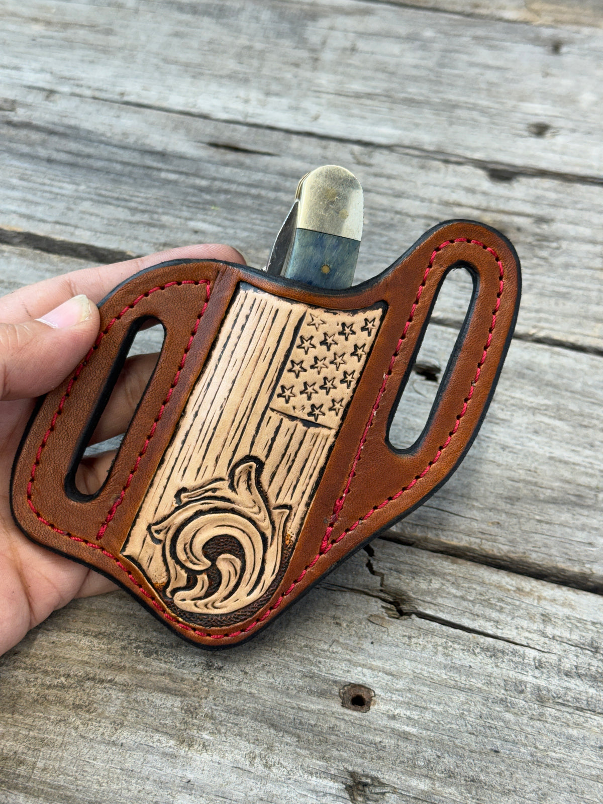 Carved Flag Wide Slanted Pancake Knife Sheath
