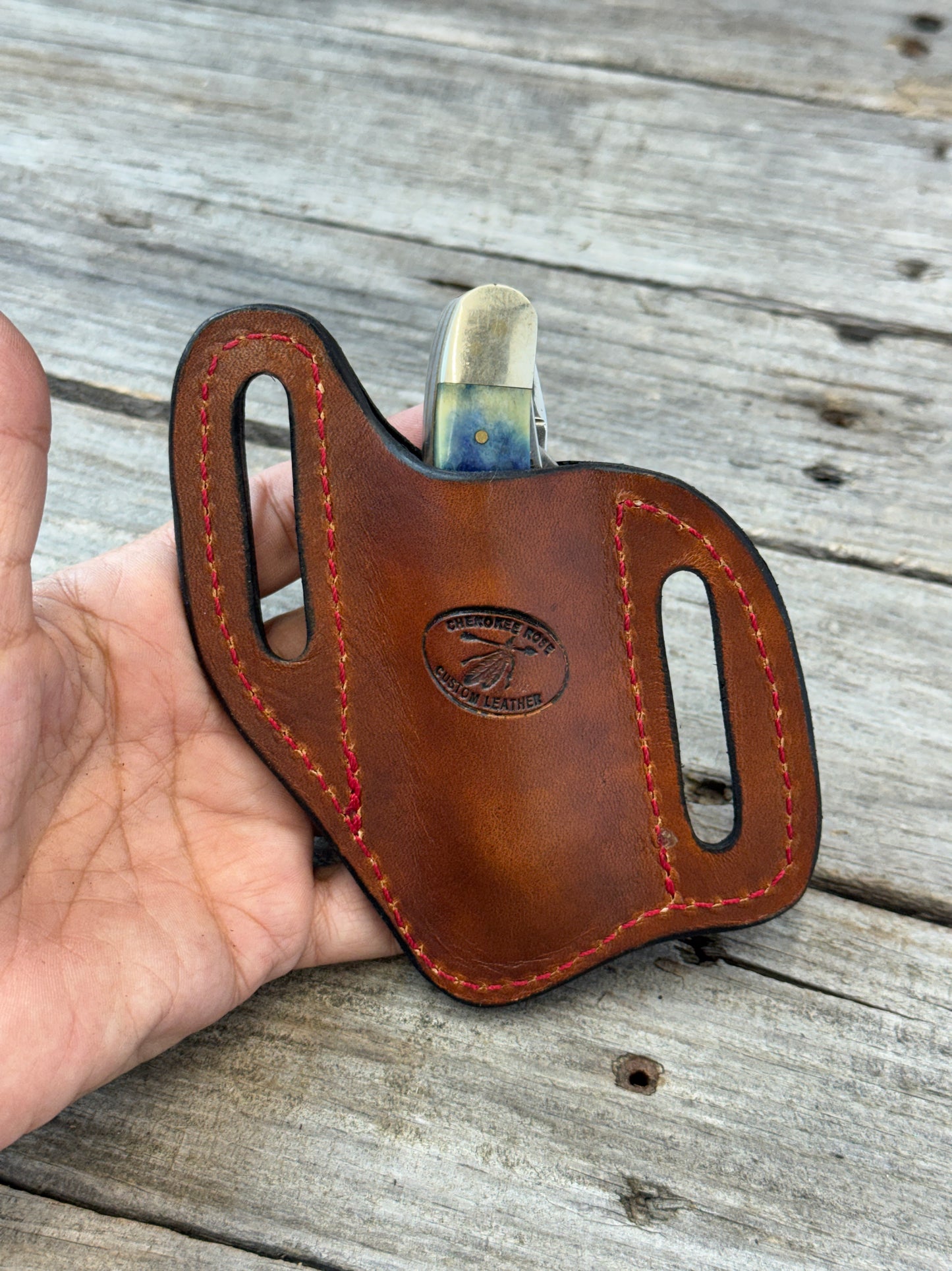 Carved Flag Wide Slanted Pancake Knife Sheath