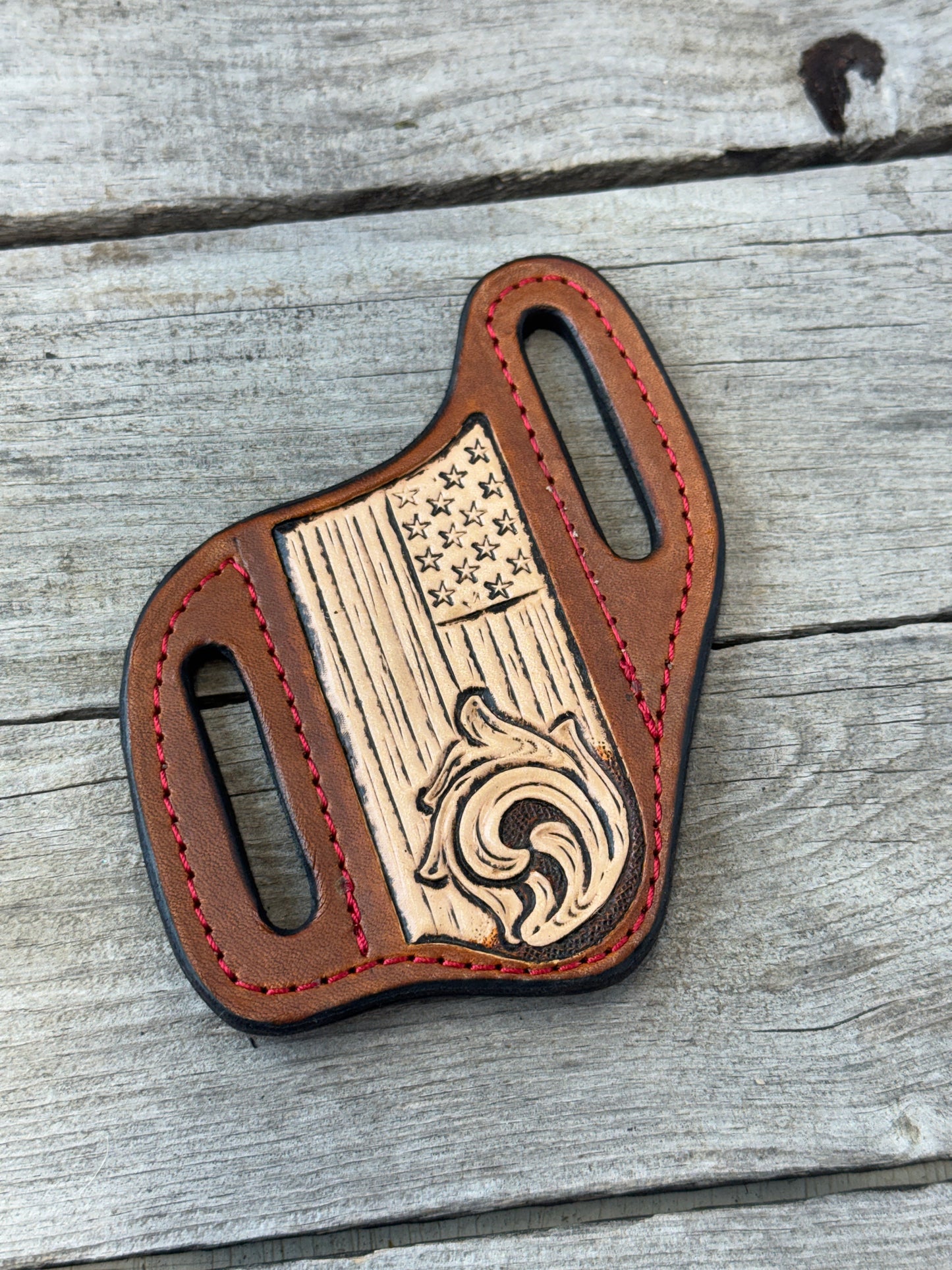 Carved Flag Wide Slanted Pancake Knife Sheath