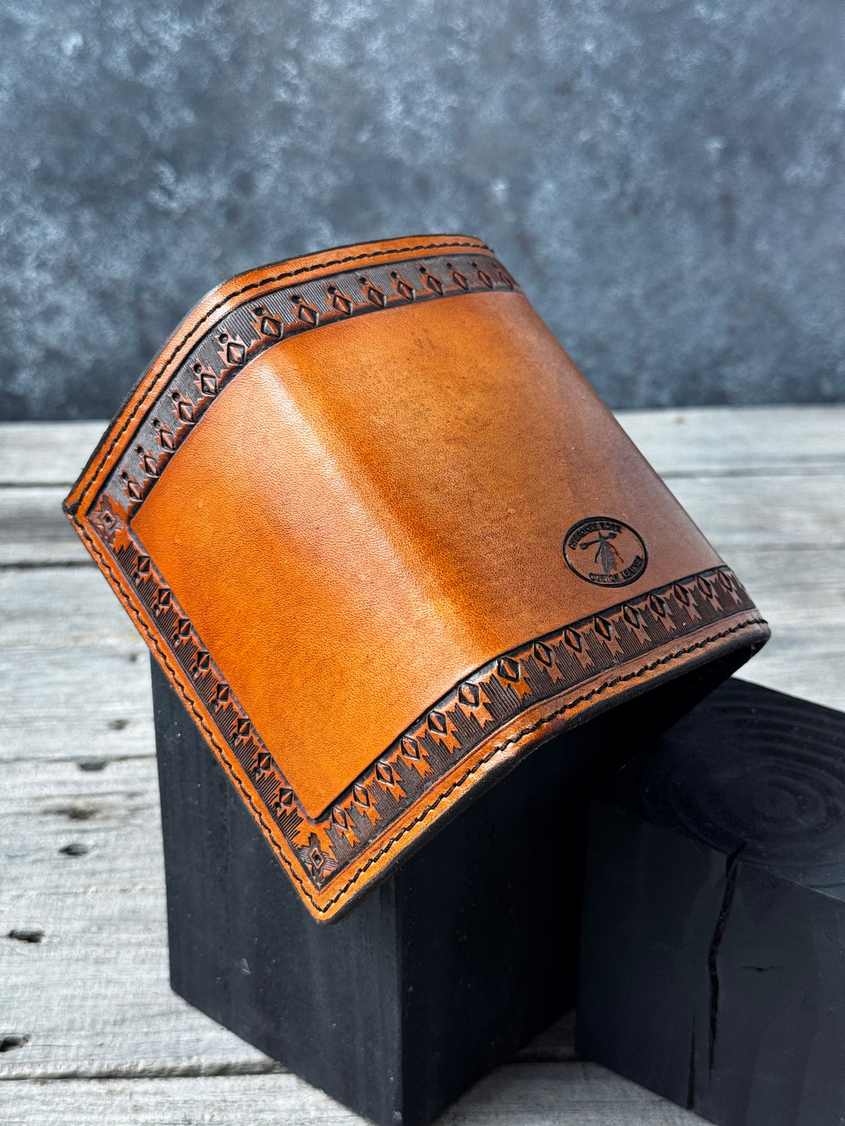 Aztec stamped brown Western leather trifold wallet handmade from genuine cowhide