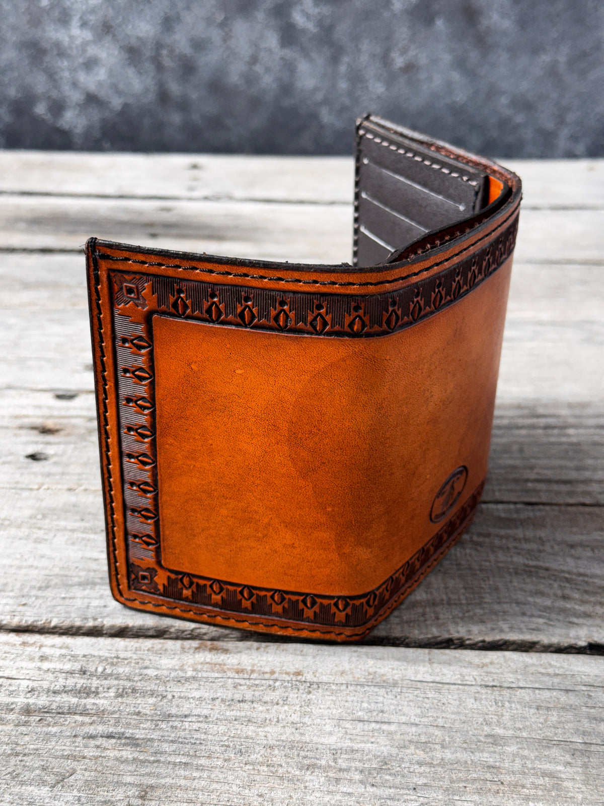 Aztec Stamped Western Leather Trifold Wallet