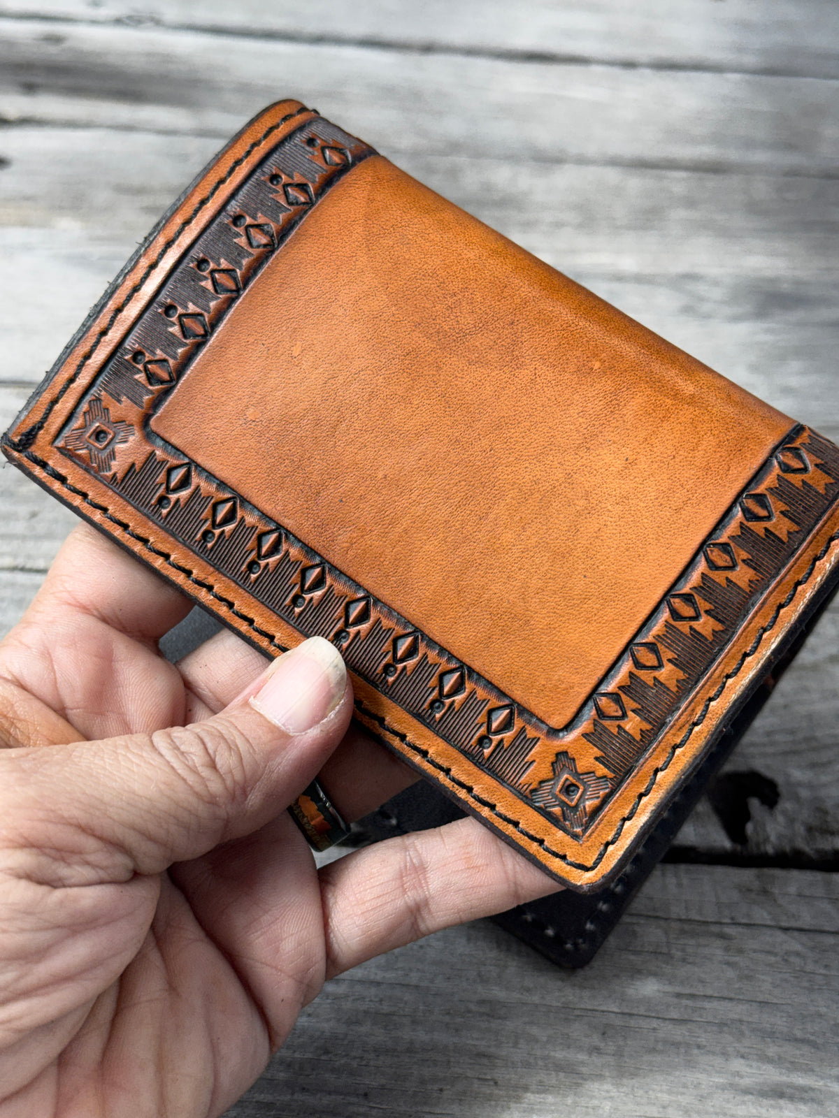 Aztec Stamped Western Leather Trifold Wallet