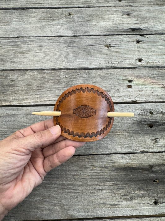 Aztec hand stamped leather hair barrette in honey brown with bamboo hair stick.
