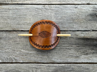 Aztec hand stamped leather hair barrette in honey brown with bamboo hair stick.