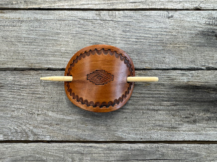 Aztec hand stamped leather hair barrette in honey brown with bamboo hair stick.