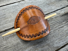 Aztec hand stamped leather hair barrette in honey brown with bamboo hair stick.