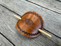 Aztec hand stamped leather hair barrette in honey brown with bamboo hair stick.