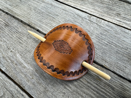 Aztec hand stamped leather hair barrette in honey brown with bamboo hair stick.