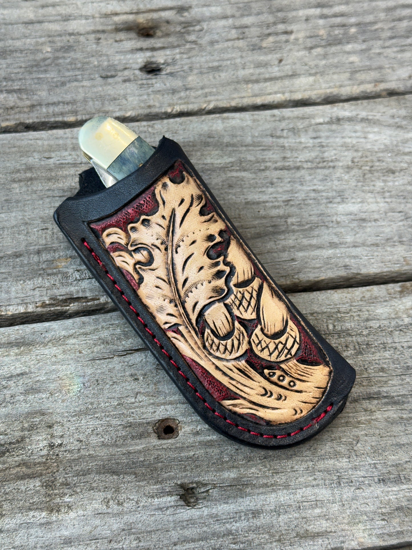 Hand Carved Oak Leaf & Acorn Leather Knife Sheath