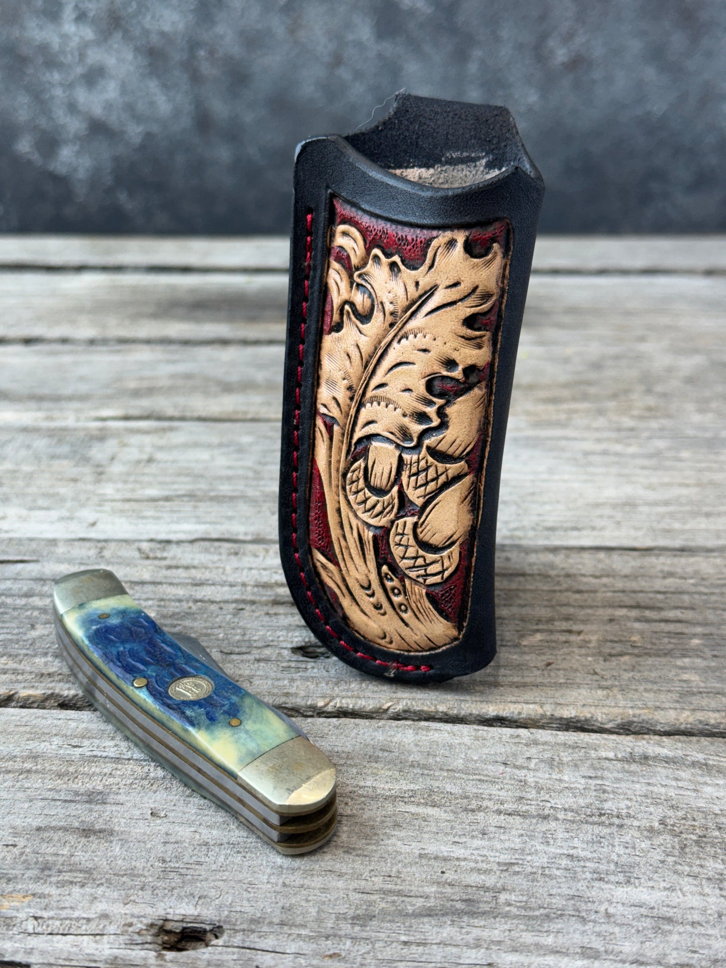 Hand Carved Oak Leaf & Acorn Leather Knife Sheath