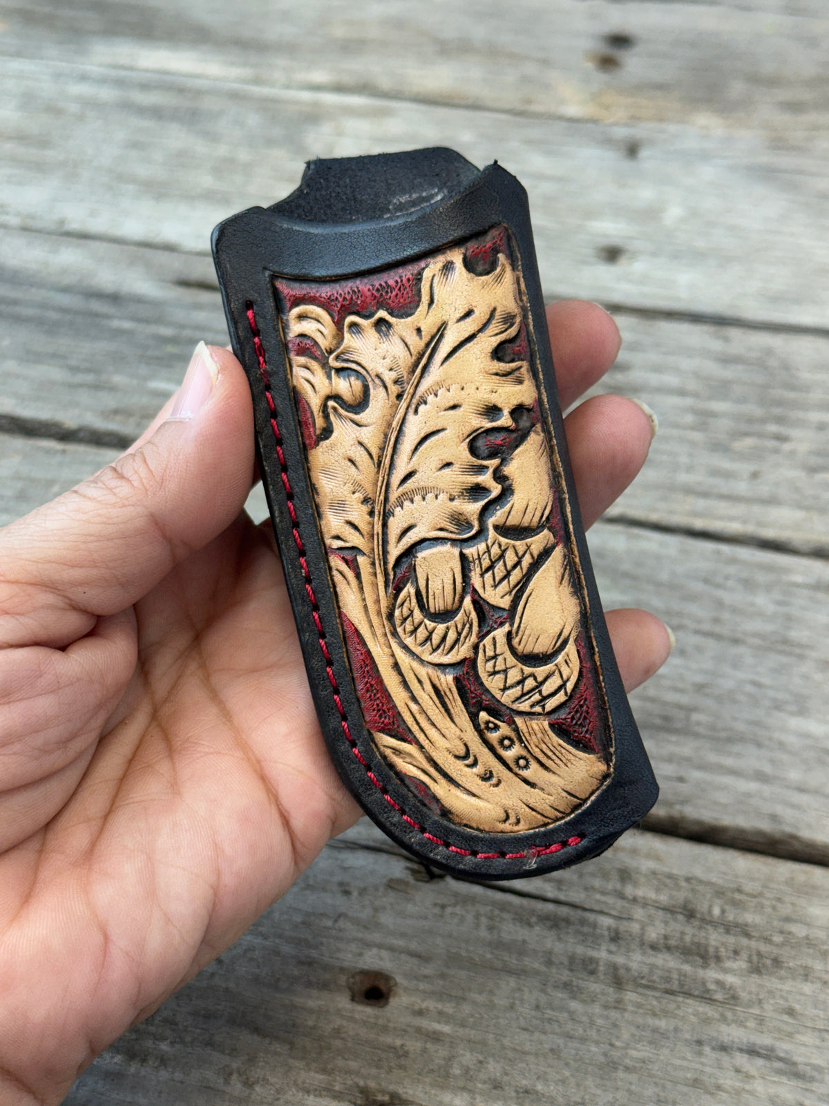 Hand Carved Oak Leaf & Acorn Leather Knife Sheath