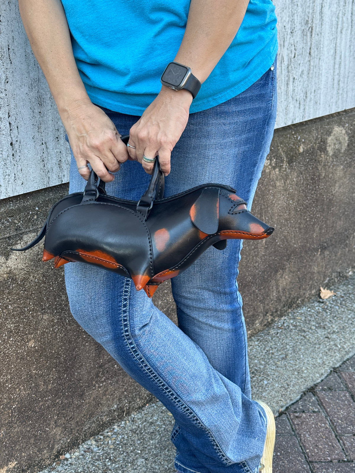 Handmade Leather Dachshund Purse – Black & Tan Weiner Dog Handbag