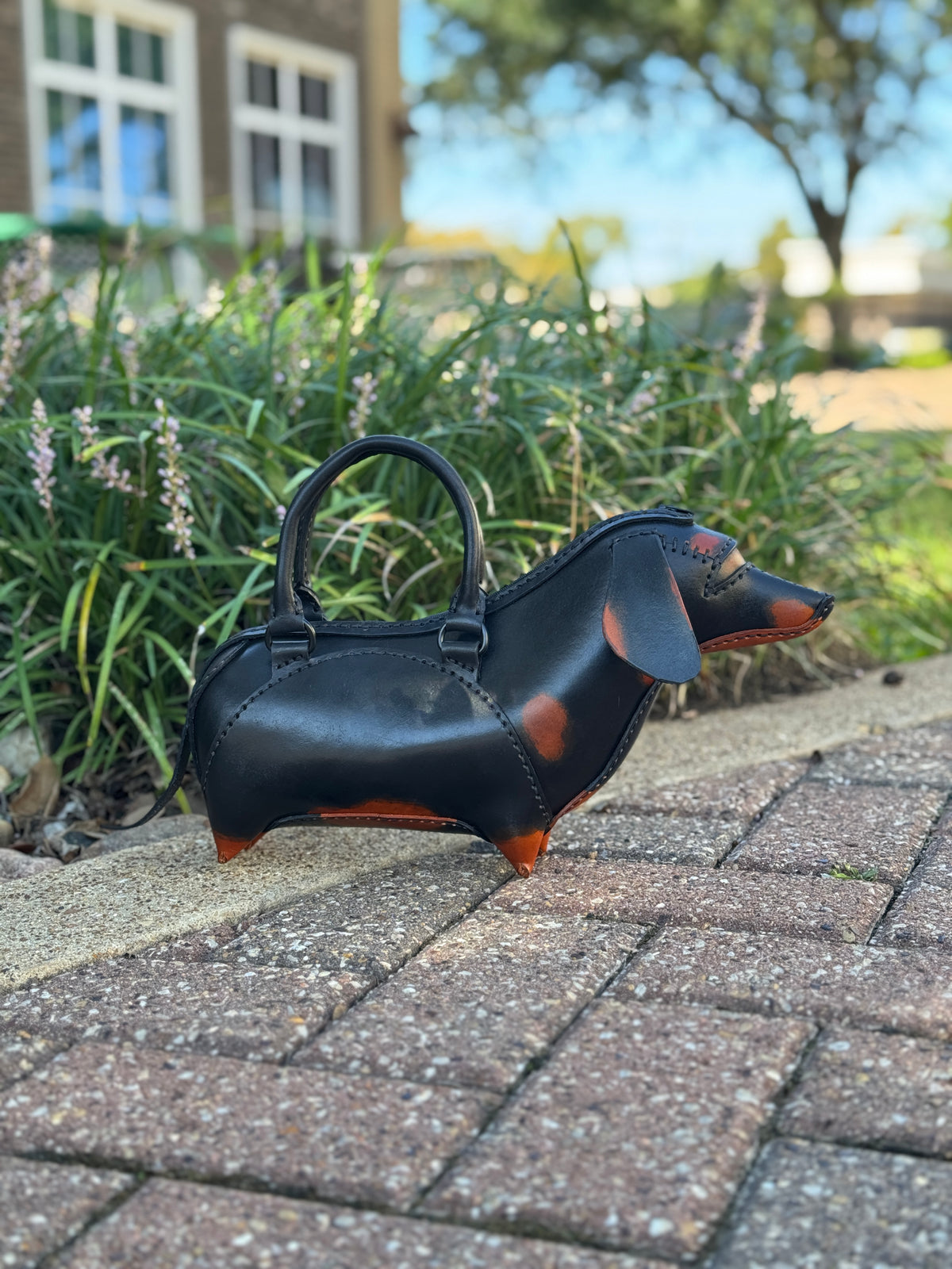 Handmade Leather Dachshund Purse – Black & Tan Weiner Dog Handbag